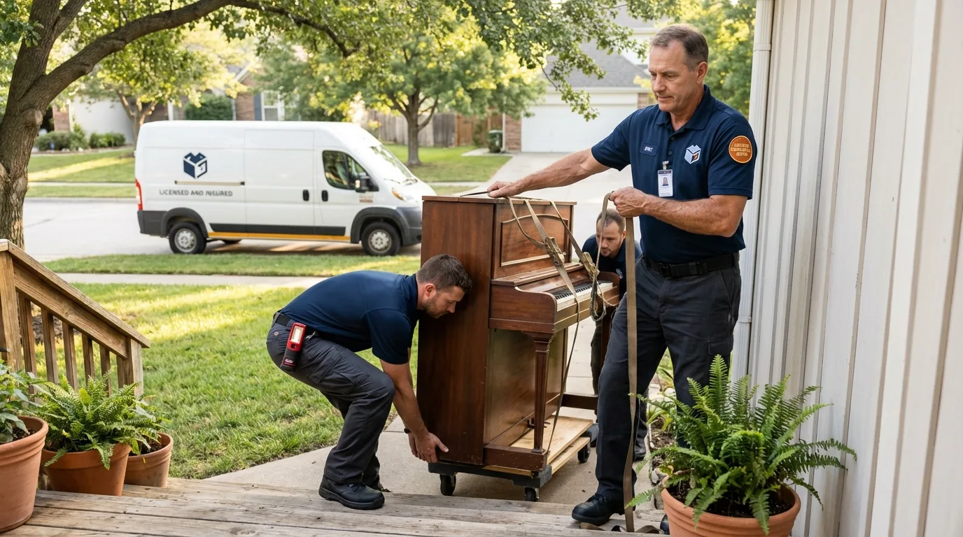 Licensed piano movers securing grand piano in Covington, OH