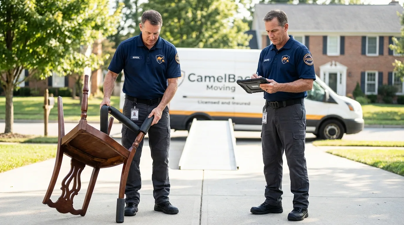 Movers inspecting furniture for damage prevention before loading in Covington, OH