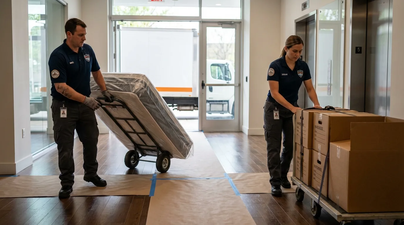 Professional apartment movers loading elevator in Covington, OH