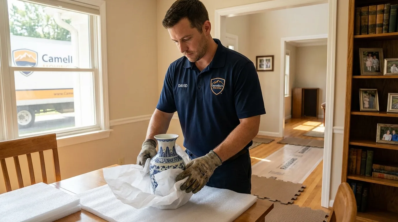 Professional crew carefully wrapping antique vase for senior downsizing move in Covington, OH